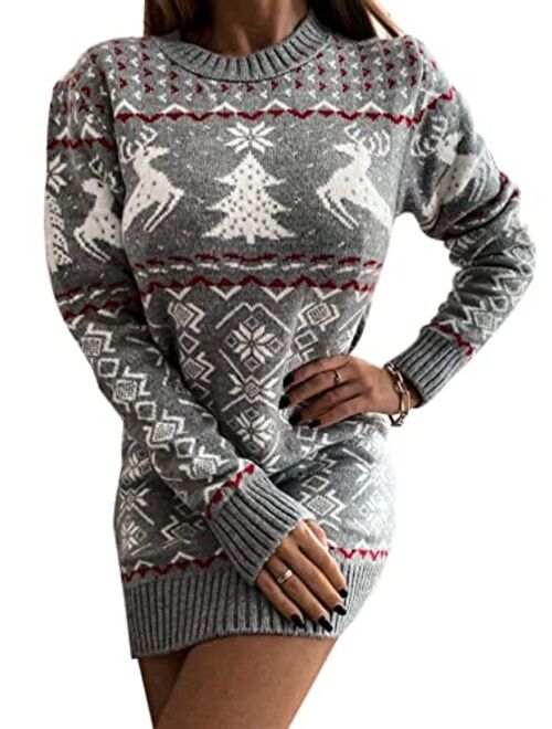 Springcmy Women Christmas Sweater Dress Reindeer Snowflake Knit Long Sleeve Round Neck Pullover Dress