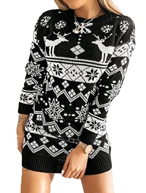 Springcmy Women Christmas Sweater Dress Reindeer Snowflake Knit Long Sleeve Round Neck Pullover Dress