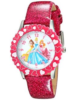Kids' W001801 Princess Stainless Steel Watch with Pink Glitter Faux Leather Band