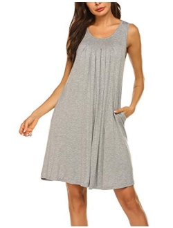 Women's Sleepwear Sleeveless Nightgowns Pleated Tank Top Gown Round Neck Chemise Side Pockets S-XXXL