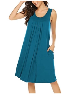 Women's Sleepwear Sleeveless Nightgowns Pleated Tank Top Gown Round Neck Chemise Side Pockets S-XXXL