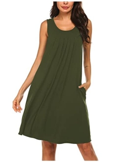 Women's Sleepwear Sleeveless Nightgowns Pleated Tank Top Gown Round Neck Chemise Side Pockets S-XXXL