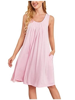 Women's Sleepwear Sleeveless Nightgowns Pleated Tank Top Gown Round Neck Chemise Side Pockets S-XXXL