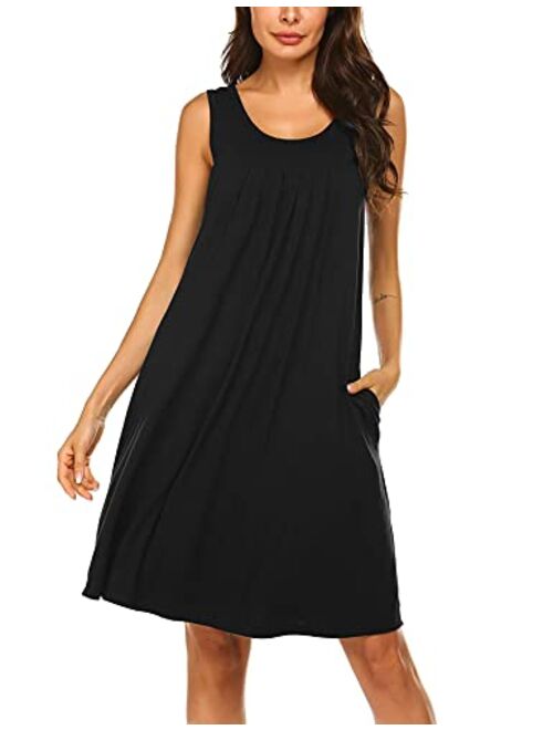 Hotouch Women's Sleepwear Sleeveless Nightgowns Pleated Tank Top Gown Round Neck Chemise Side Pockets S-XXXL