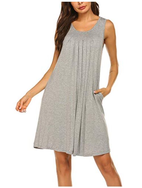 Hotouch Women's Sleepwear Sleeveless Nightgowns Pleated Tank Top Gown Round Neck Chemise Side Pockets S-XXXL