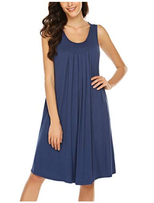 Hotouch Women's Sleepwear Sleeveless Nightgowns Pleated Tank Top Gown Round Neck Chemise Side Pockets S-XXXL