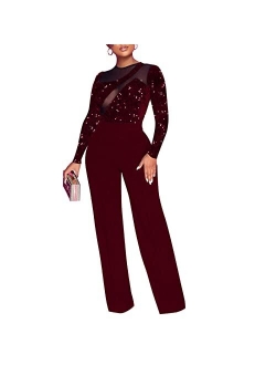 Sprifloral Women Sexy Wide Leg Jumpsuit Romper - Long Sleeve Sequin Mesh High Waisted Pants 1 Piece Outfits