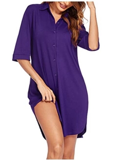 Women's Nightgown Button Down Sleepshirt 3/4 Sleeve Notch Collar Nightshirt Soft Sleepwear S-XXL