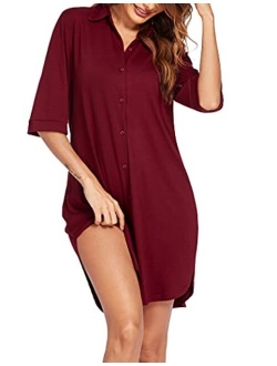 Women's Nightgown Button Down Sleepshirt 3/4 Sleeve Notch Collar Nightshirt Soft Sleepwear S-XXL