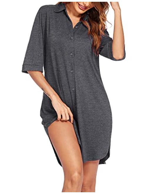 Hotouch Women's Nightgown Button Down Sleepshirt 3/4 Sleeve Notch Collar Nightshirt Soft Sleepwear S-XXL