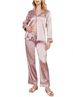 Womens Silk Satin Pajamas Long Sleeve Loungewear Two-Piece Sleepwear Button-Down Pj Set S-XXL