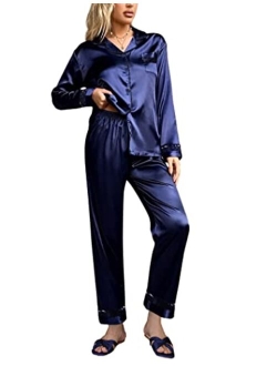 Womens Silk Satin Pajamas Long Sleeve Loungewear Two-Piece Sleepwear Button-Down Pj Set S-XXL