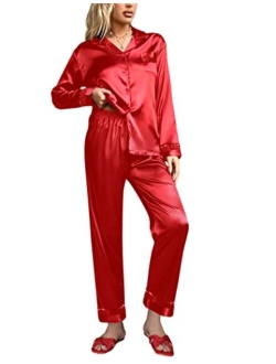 Womens Silk Satin Pajamas Long Sleeve Loungewear Two-Piece Sleepwear Button-Down Pj Set S-XXL