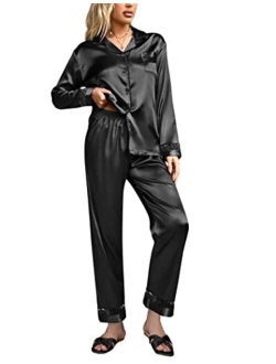 Womens Silk Satin Pajamas Long Sleeve Loungewear Two-Piece Sleepwear Button-Down Pj Set S-XXL