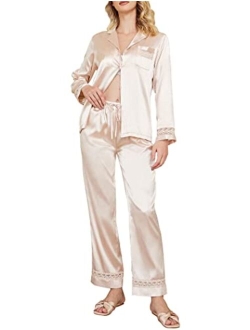 Womens Silk Satin Pajamas Long Sleeve Loungewear Two-Piece Sleepwear Button-Down Pj Set S-XXL