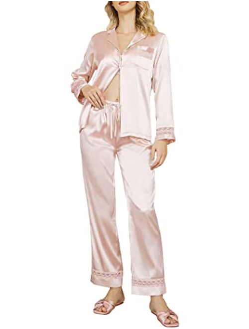 Hotouch Womens Silk Satin Pajamas Long Sleeve Loungewear Two-Piece Sleepwear Button-Down Pj Set S-XXL