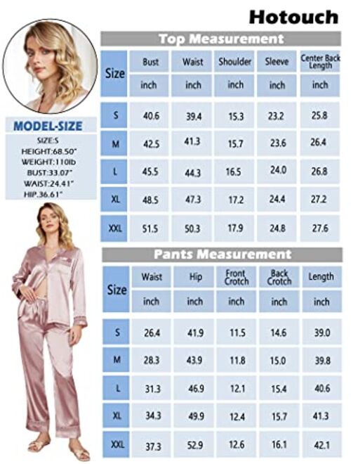 Hotouch Womens Silk Satin Pajamas Long Sleeve Loungewear Two-Piece Sleepwear Button-Down Pj Set S-XXL