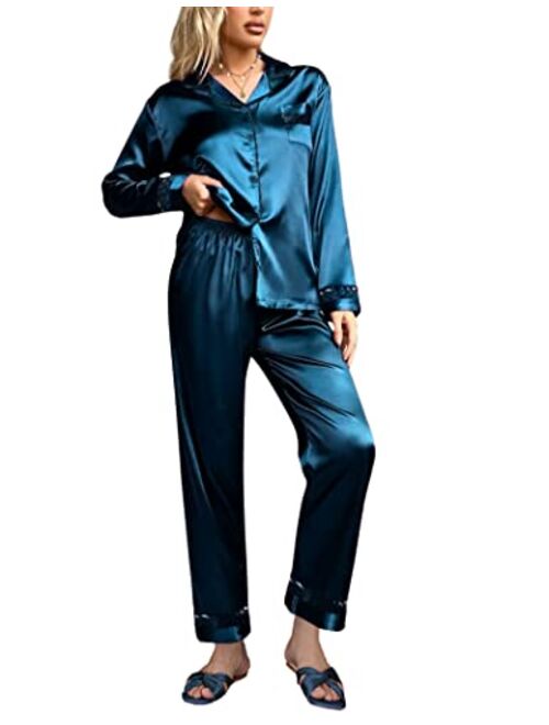 Hotouch Womens Silk Satin Pajamas Long Sleeve Loungewear Two-Piece Sleepwear Button-Down Pj Set S-XXL