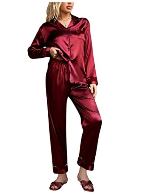 Hotouch Womens Silk Satin Pajamas Long Sleeve Loungewear Two-Piece Sleepwear Button-Down Pj Set S-XXL