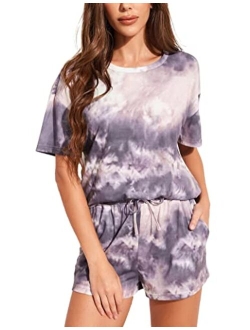 Womens Tie Dye Printed Pajamas Set Cotton Lounge Sets Short Sleeve Tops and Shorts 2 Piece Sleepwear Pj Sets