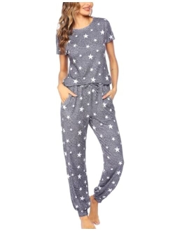 Womens Pajamas Set Short Sleeve Cute Printed Tops and Pants 2 Piece PJ Sets Joggers Loungewear Sleepwear with Pockets