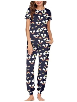 Womens Pajamas Set Short Sleeve Cute Printed Tops and Pants 2 Piece PJ Sets Joggers Loungewear Sleepwear with Pockets