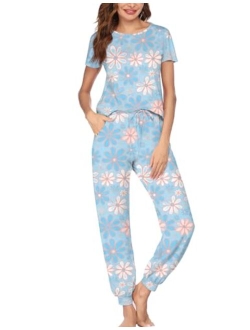 Womens Pajamas Set Short Sleeve Cute Printed Tops and Pants 2 Piece PJ Sets Joggers Loungewear Sleepwear with Pockets