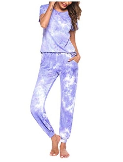 Womens Pajamas Set Short Sleeve Cute Printed Tops and Pants 2 Piece PJ Sets Joggers Loungewear Sleepwear with Pockets