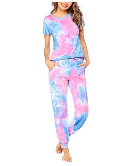 Womens Pajamas Set Short Sleeve Cute Printed Tops and Pants 2 Piece PJ Sets Joggers Loungewear Sleepwear with Pockets