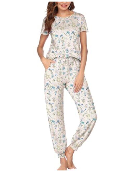 Hotouch Womens Pajamas Set Short Sleeve Cute Printed Tops and Pants 2 Piece PJ Sets Joggers Loungewear Sleepwear with Pockets