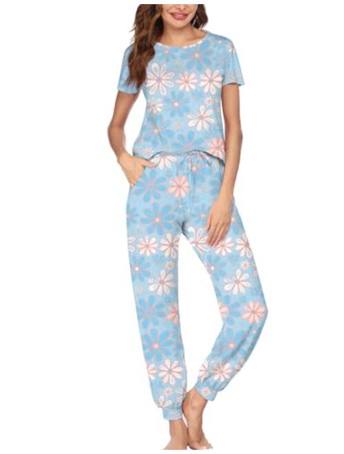 Hotouch Womens Pajamas Set Short Sleeve Cute Printed Tops and Pants 2 Piece PJ Sets Joggers Loungewear Sleepwear with Pockets