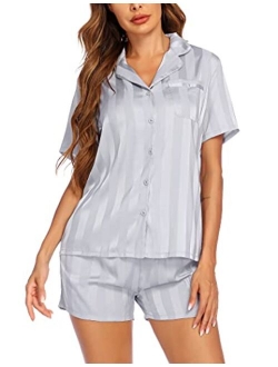 Silk Short Sleeve Pajama Set Satin Button Down Pj Sets Women Two Piece Sleepwear