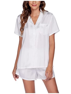 Silk Short Sleeve Pajama Set Satin Button Down Pj Sets Women Two Piece Sleepwear