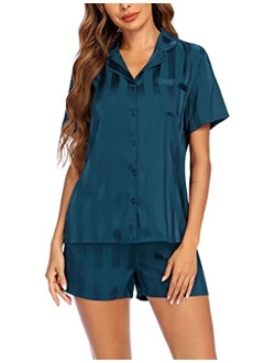 Silk Short Sleeve Pajama Set Satin Button Down Pj Sets Women Two Piece Sleepwear