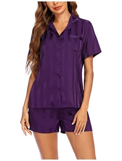 Silk Short Sleeve Pajama Set Satin Button Down Pj Sets Women Two Piece Sleepwear