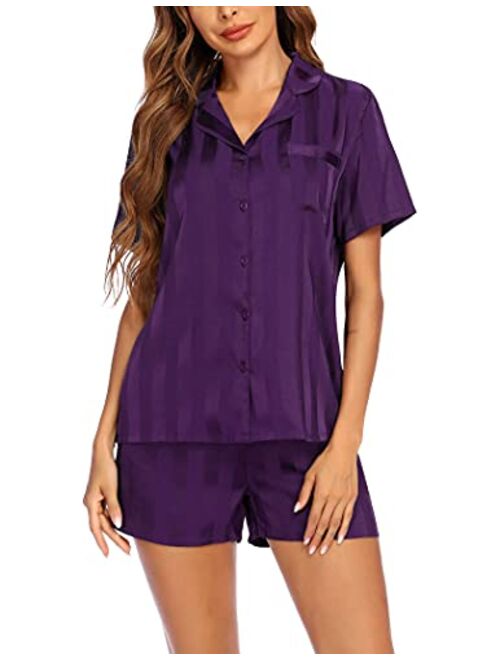 Hotouch Silk Short Sleeve Pajama Set Satin Button Down Pj Sets Women Two Piece Sleepwear