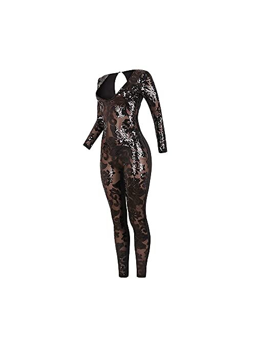 Vilabina Jumpsuit Women's Slim Sequins Perspective Deep V Black Nightclub Jumpsuit