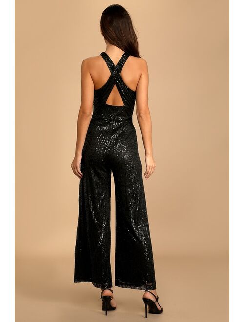 Lulus Shining Confidence Black Sequin Cutout Halter Wide-Leg Jumpsuit