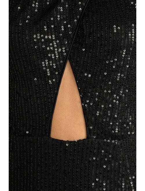 Lulus Shining Confidence Black Sequin Cutout Halter Wide-Leg Jumpsuit