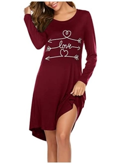 Sleepwear Womens Night Shirts Long Sleeve Cute Print Nightgowns Soft Knee Length Sleepshirts S-XXL