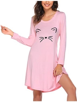 Sleepwear Womens Night Shirts Long Sleeve Cute Print Nightgowns Soft Knee Length Sleepshirts S-XXL