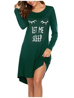 Sleepwear Womens Night Shirts Long Sleeve Cute Print Nightgowns Soft Knee Length Sleepshirts S-XXL