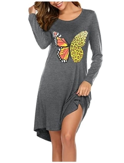 Sleepwear Womens Night Shirts Long Sleeve Cute Print Nightgowns Soft Knee Length Sleepshirts S-XXL