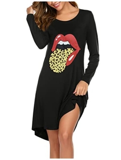 Sleepwear Womens Night Shirts Long Sleeve Cute Print Nightgowns Soft Knee Length Sleepshirts S-XXL