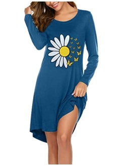 Sleepwear Womens Night Shirts Long Sleeve Cute Print Nightgowns Soft Knee Length Sleepshirts S-XXL