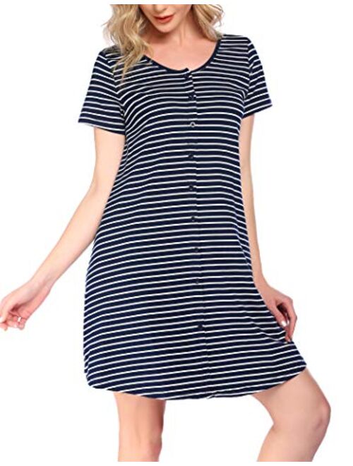 Hotouch Button Down Nightgowns for Women Cotton Striped Sleepwear Comfy Pajama Dress