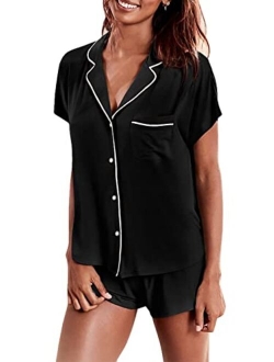 Women's Modal Short Pajama Set Short Sleeve Sleepwear Button Down Nightwear Soft Pj Lounge Sets S-XXL