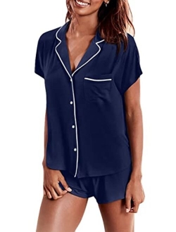 Women's Modal Short Pajama Set Short Sleeve Sleepwear Button Down Nightwear Soft Pj Lounge Sets S-XXL