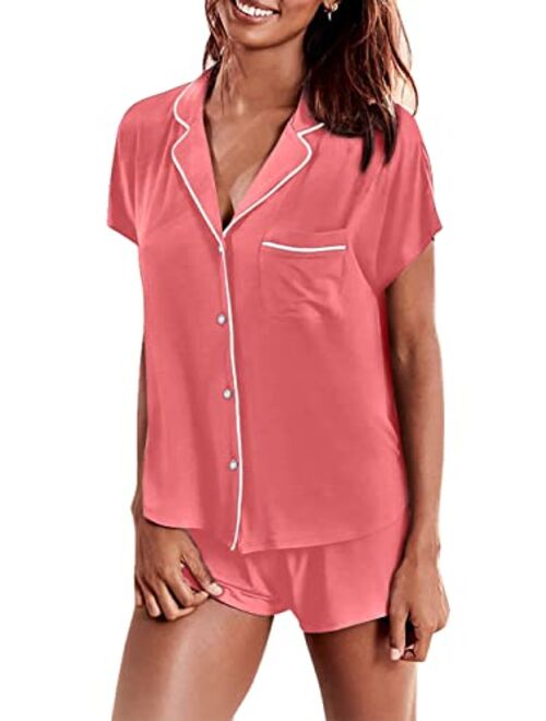 Hotouch Women's Modal Short Pajama Set Short Sleeve Sleepwear Button Down Nightwear Soft Pj Lounge Sets S-XXL