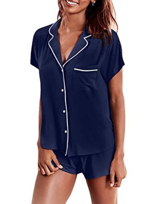 Hotouch Women's Modal Short Pajama Set Short Sleeve Sleepwear Button Down Nightwear Soft Pj Lounge Sets S-XXL